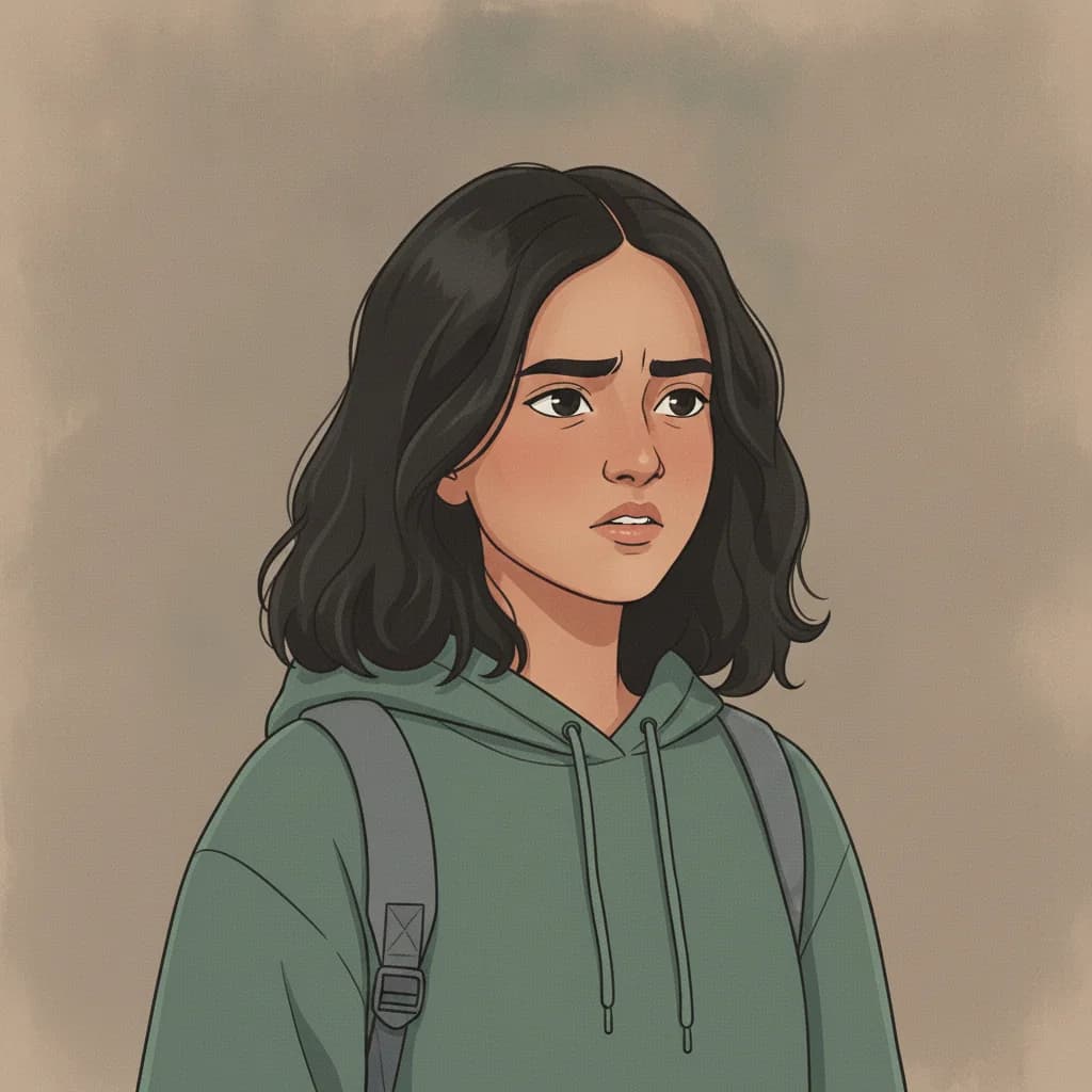 Maya, a teenager under pressure, glancing sideways mid-decision